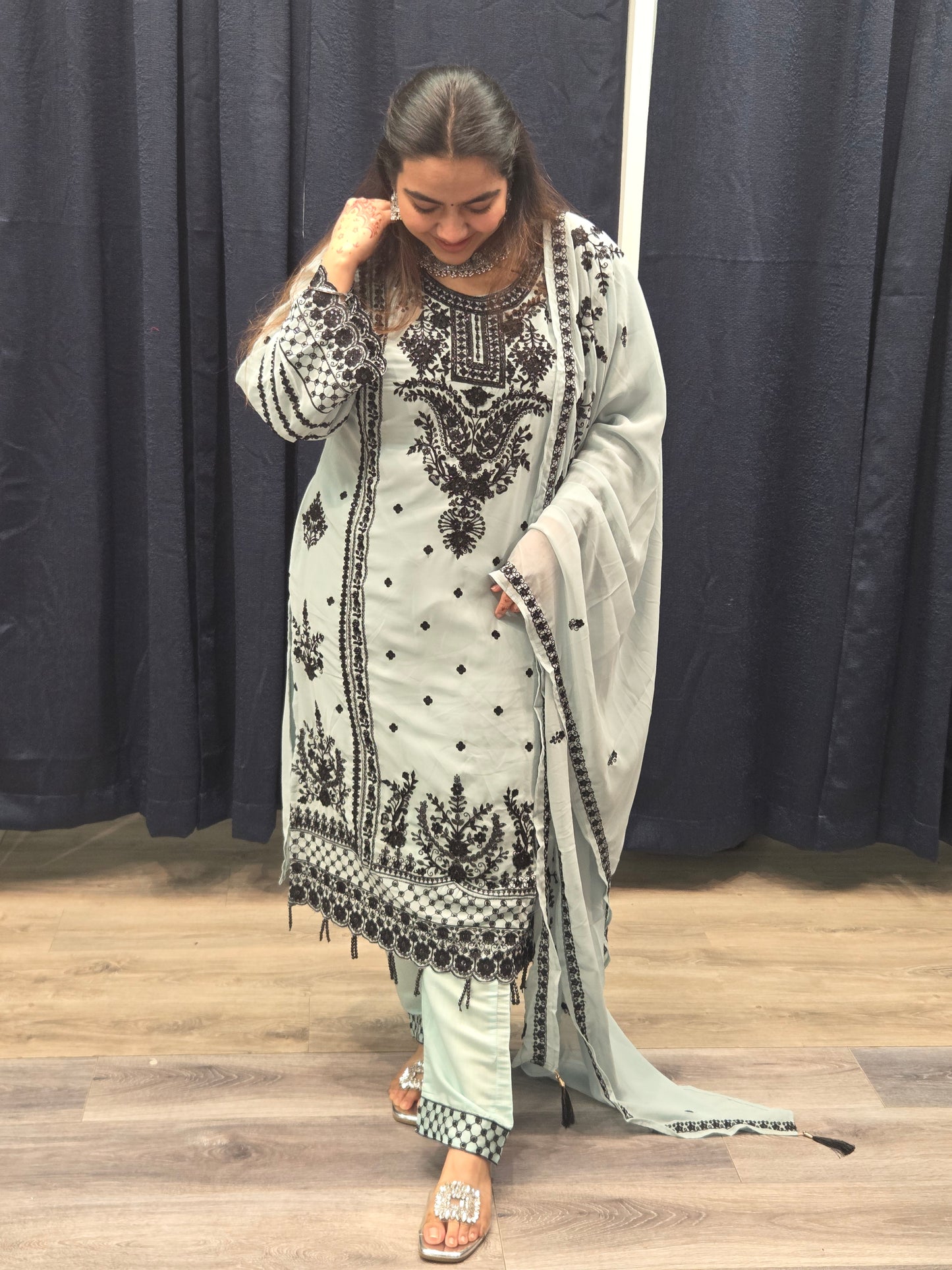Sky Blue Georgette Embroidered Three Piece Suit